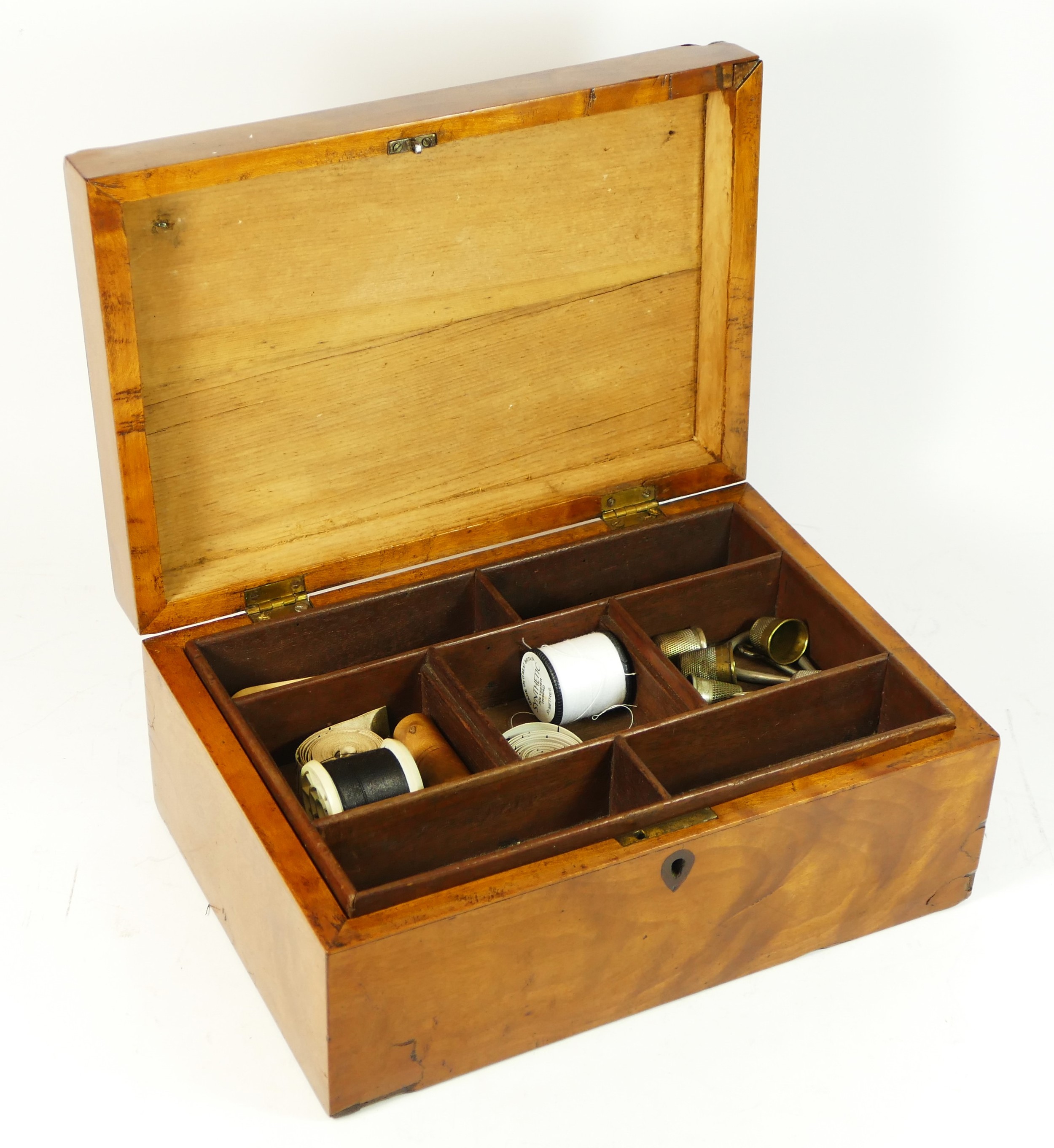 An Edwardian mahogany sewing box, hinged lid opening to reveal lift out compartment, with contents - Image 5 of 7