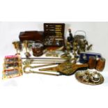 A collection of brassware, plateware and other items to include fireside irons, plated condiment