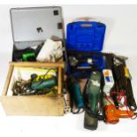 A collection of power tools and hand tools to include a Bosch sander, a grinder, a Elu planer, a