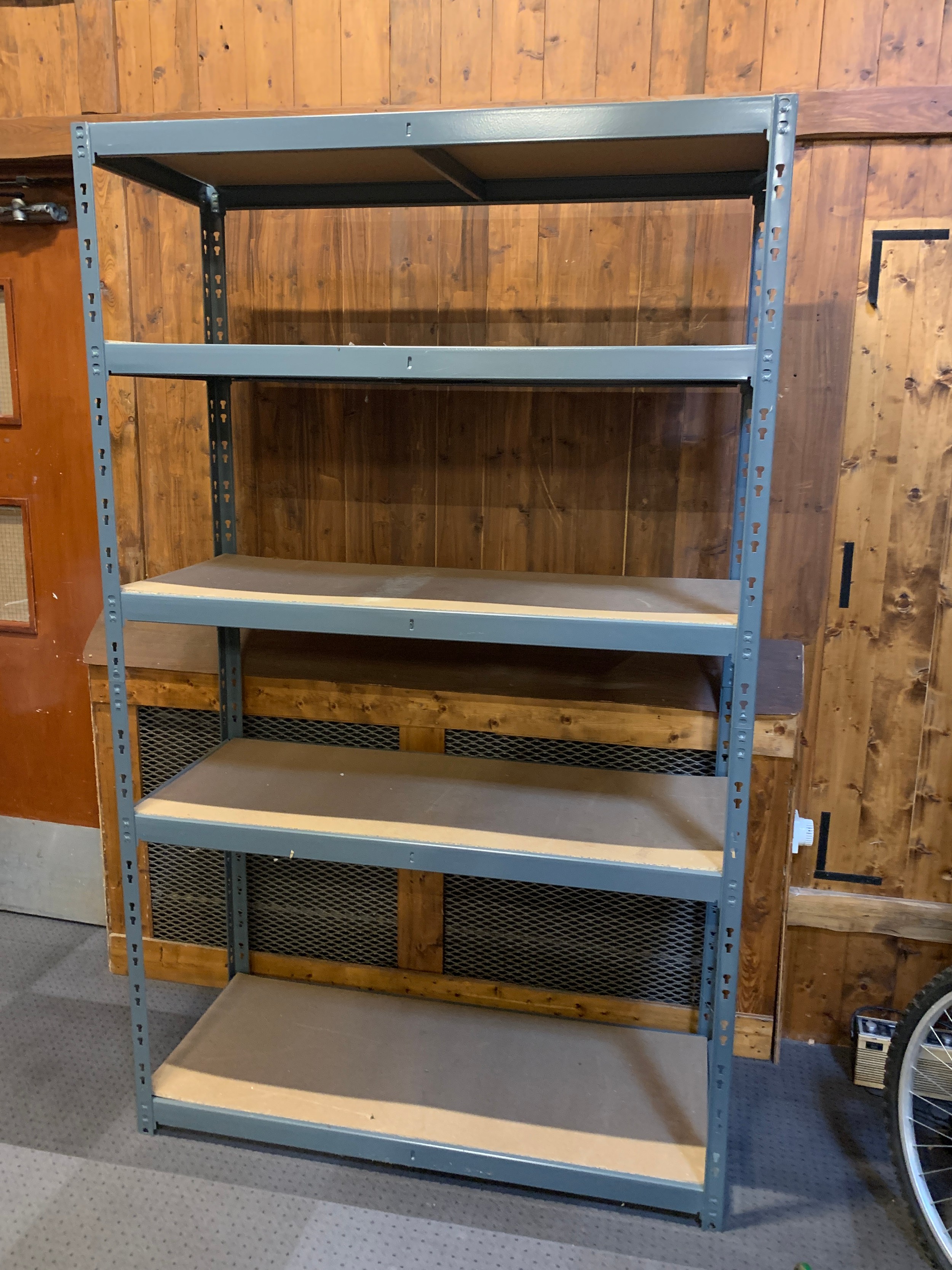 Two sets of five shelf racking, grey with partial board shelves, 122cm x 200cm x 50cm - Image 2 of 2