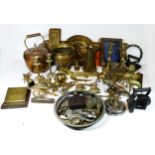 Three boxes of metalware mainly brass and copper, to include cold cast figures of animals, kitchen
