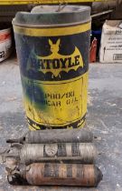A Batoyle 25 litre gear oil container and three fire extinguishers.