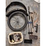 A collection of mainly Levis spares, to include a rebuilt front wheel, front mudguard, rear mudguard