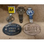 Two AA car badges, two RAC car badges and two engine plates