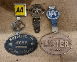 Two AA car badges, two RAC car badges and two engine plates