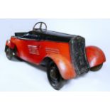 Eureka Super Junior 35 child's pedal car, c.1935-38, metal body painted in red over black, metal