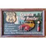A Route 66 hand painted relief wooden sign, 59 x 37cm.