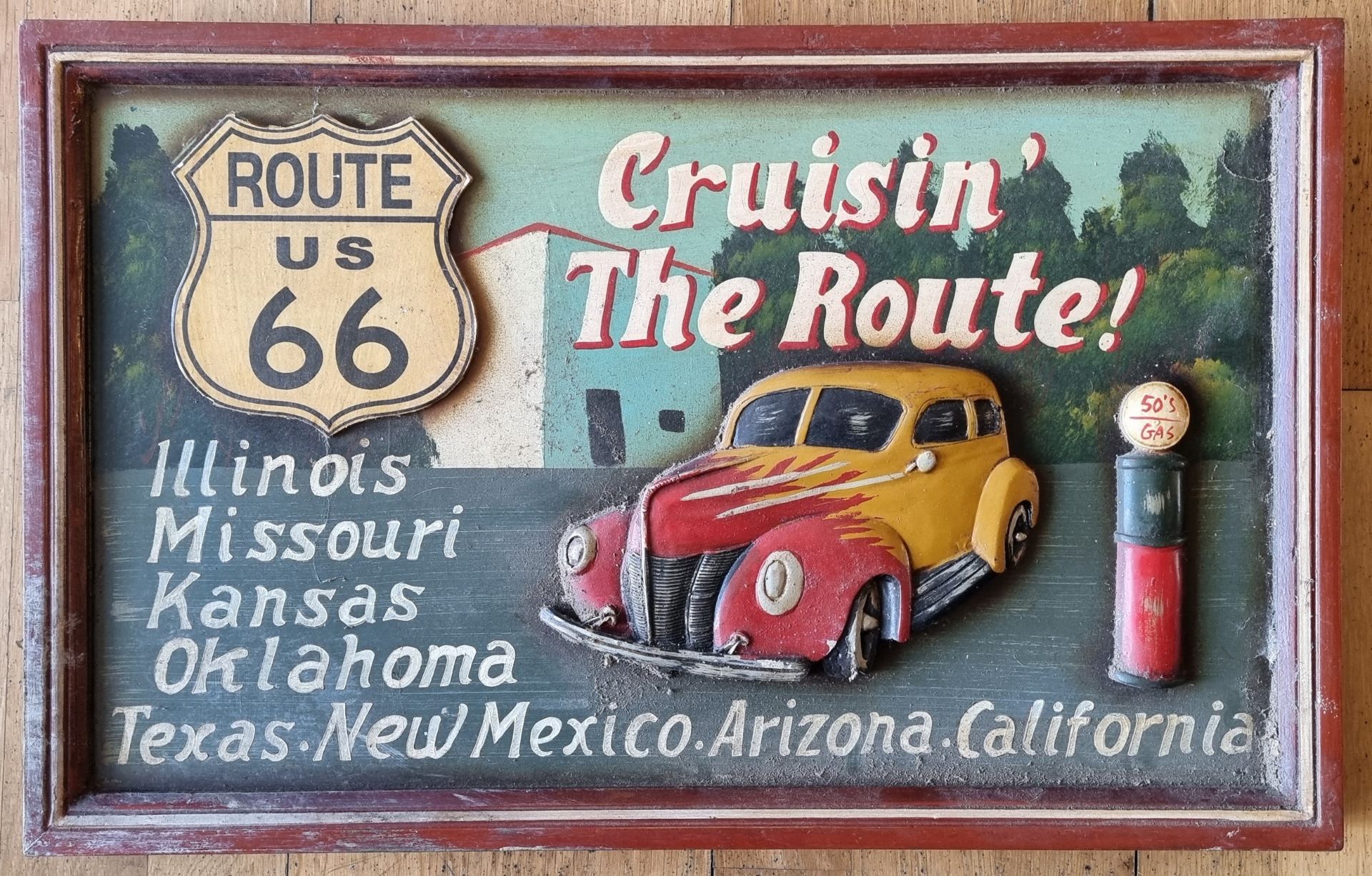 A Route 66 hand painted relief wooden sign, 59 x 37cm.