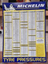 A Michelin tin tyre pressures wall chart, 63 x 86cm.