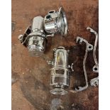 A restored King of the Road acetylene 4" chrome motorcycle lamp, with separate carbide container and