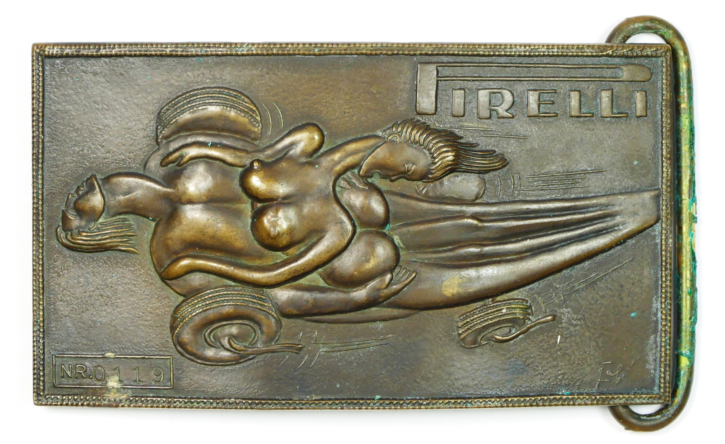 A Pirelli brass belt buckle designed by Salvador Dali (1904-1989), numbered NR0119, the front with