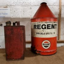A Regent RPM Delo Special 20 5 gallon oil can and a SM and BP 2 gallon petrol can.