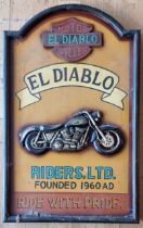 A El Diablo Motor Cycle hand painted relief wooden sign, 60 x 37cm.