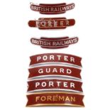 Seven B.R. (M) maroon cap badges, four fishtail style (2 x Porter, Foreman and Guard) and three