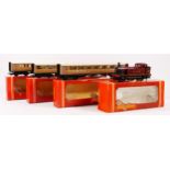 A Hornby OO gauge loco, 16440, in maroon livery, boxed, together with three Hornby coaches, to