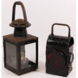 A B.R. hand lantern, with double arrow symbol, together with a small unmarked lantern, both complete