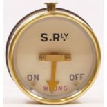 A brass cased Southern Railway signal indicator dial, showing "On-Wrong-Off", dial also marked S.Rly