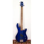 An Ashton bass guitar, model AB2, blue stained wood body, bolt on neck, chrome hardware, in an