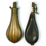 A copper and brass powder flask, by G & J.W. Hawksley, Sheffield, fluted body, 20cm, together with a