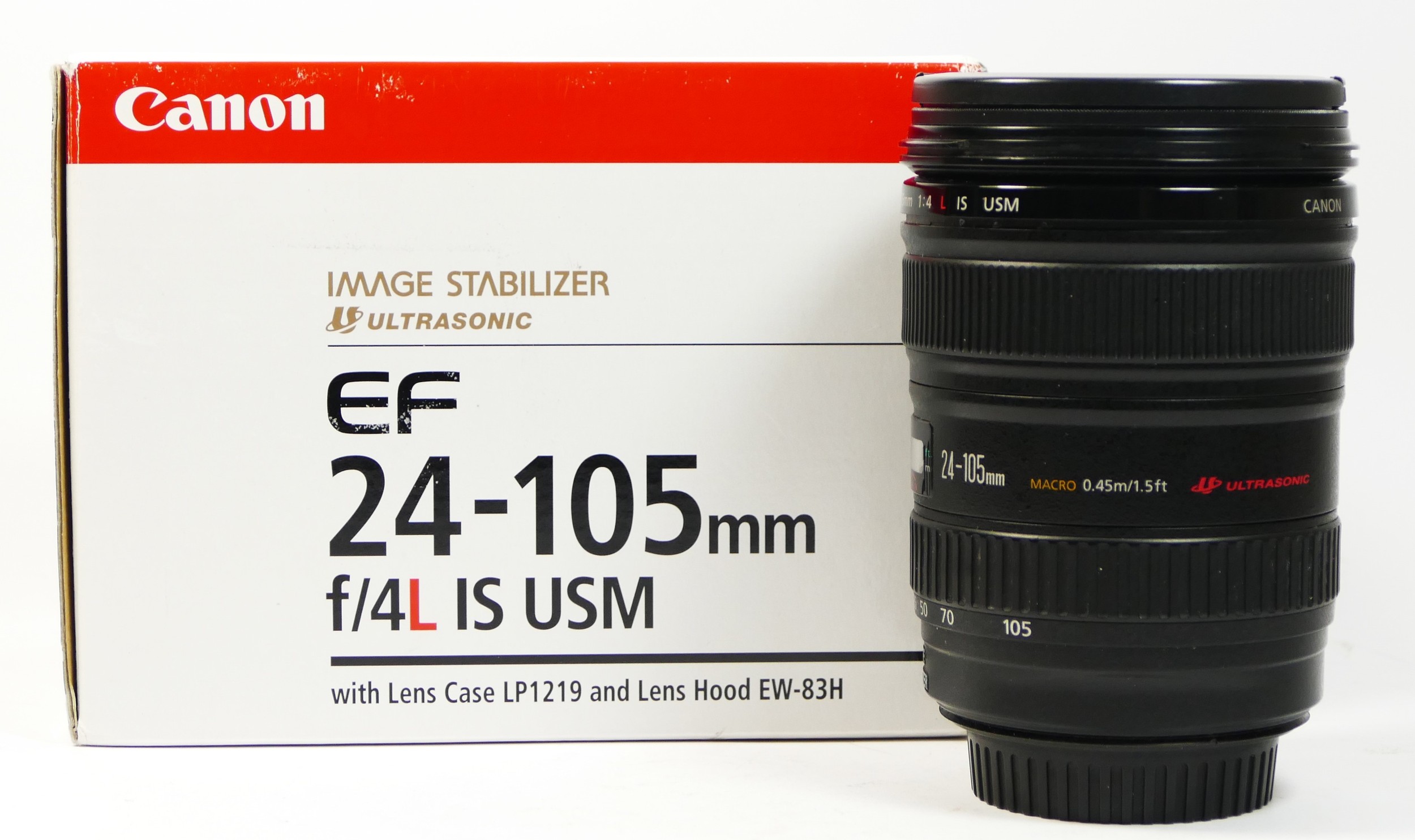 A Canon EF 24mm-105mm f4 IS USM lens, missing red ring, for spares or repair