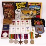 Five WWII medals, 1939 - 1945 Star, two Defense and two War, together with related ephemera.