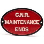 A oval cast-iron "G.N.R. Maintenance Ends" sign