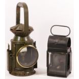 A green War Dept 3 aspect handlamp, complete with burner, together with a small unmarked hand