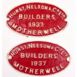 Two oval cast-iron wagon builders plates, Hurst Nelson & Co Ltd, Motherwell builders 1937