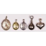 Three silver/925 lockets, a heart pendant and a scent bottle, 23gm