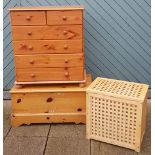 A pine 4+2 height chest of drawers, 91, W82, D39cm, together with a pine blanket box and a linen