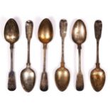 Four Victorian Provincial fiddle pattern tea spoons, by Dorothy Langlands, Newcastle 1853 and two by