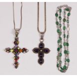 A silver and multi gem stone set cross pendant62mm, chain, an amethyst set example, 51mm and a