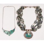 A silver and hardstone chunky necklace and a silver and turquoise matrix necklace, 230gm