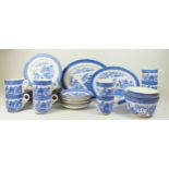 A Royal Worcester Willow pattern afternoon tea service for six place settings, green backstamp,
