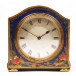 An Edwardian Chinoiserie mantel clock, blue case with gilt and red decoration, 13cm, main spring