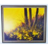 A modernist leaning framed oil on canvas dated 1970, depicting sunlight sunset tree with fallen