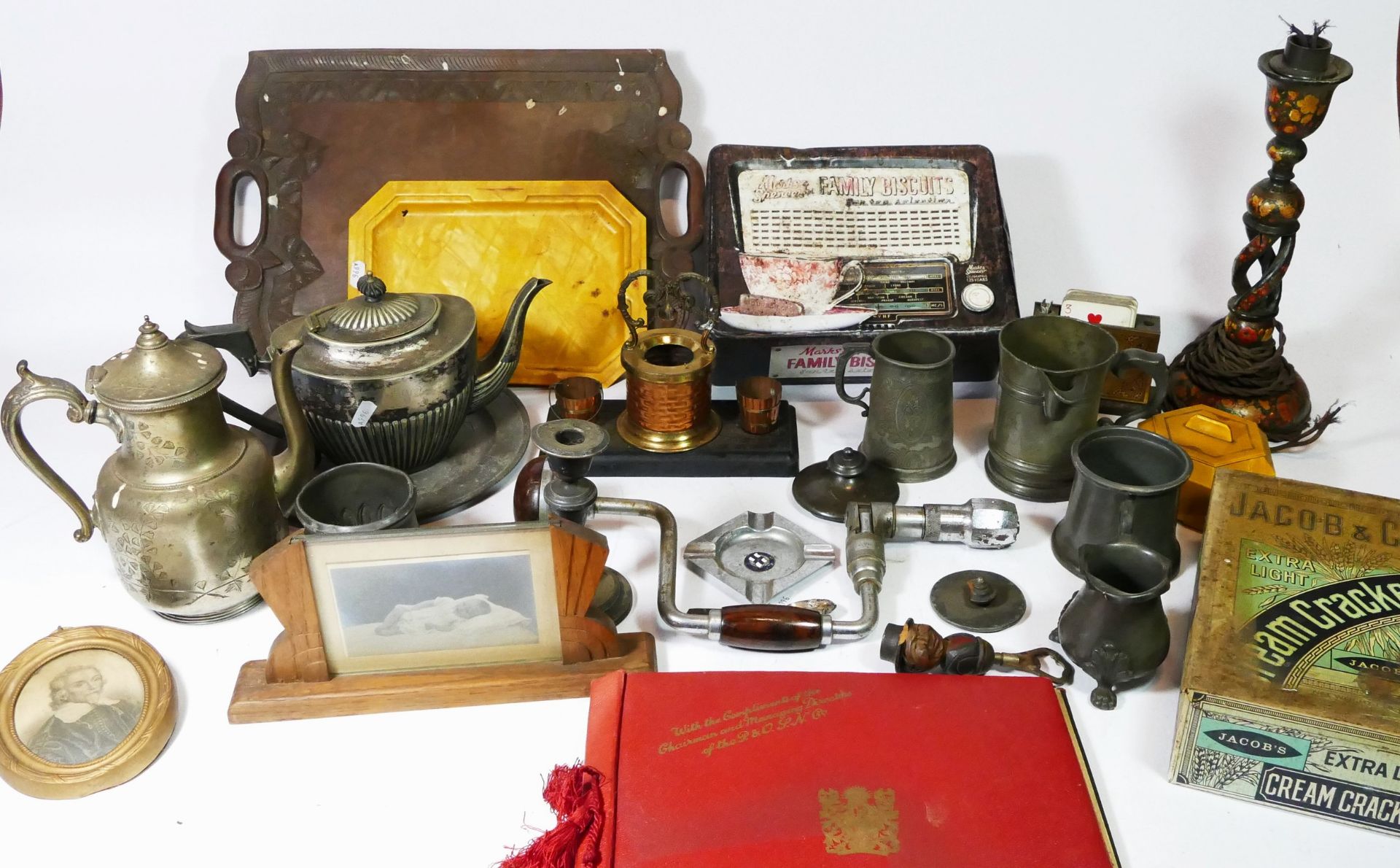 A collection of Victorian and later pewter wares, to include a loftus quart measure tankard, a