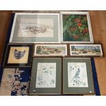 A collection of pictures to include watercolours, oils, prints and two wall mirrors.