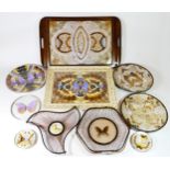 A collection of decorative butterfly wings compositions, to include a Brazilian tea tray, mahogany