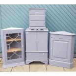 Painted pine furniture pieces, comprising of two corner cabinets, a bedside 3 height chest of