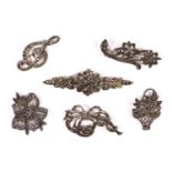 Six silver and marcasite set brooches, 38gm