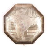 A Sterling Silver octagonal compact, with engraved map of India, 7.5cm, 91 gm including mirror