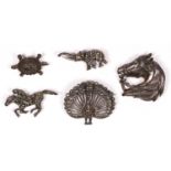 A silver and marcasite horse racing brooch, and four other silver and marcasite brooches, 57gm