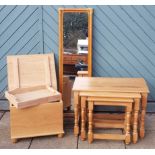 A modern solid oak storage box, the hinged lid opening to a fitted compartment, together with a pine