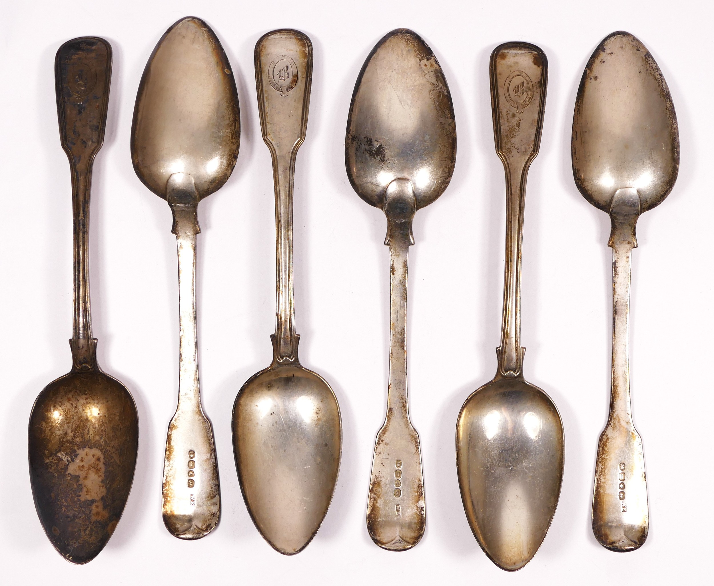 A George IV silver set of six fiddle and thread pattern table spoons, by William Eley, London