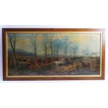 A pair of hand touched prints on canvas depicting hunting scenes, heavy varnish finish, oak