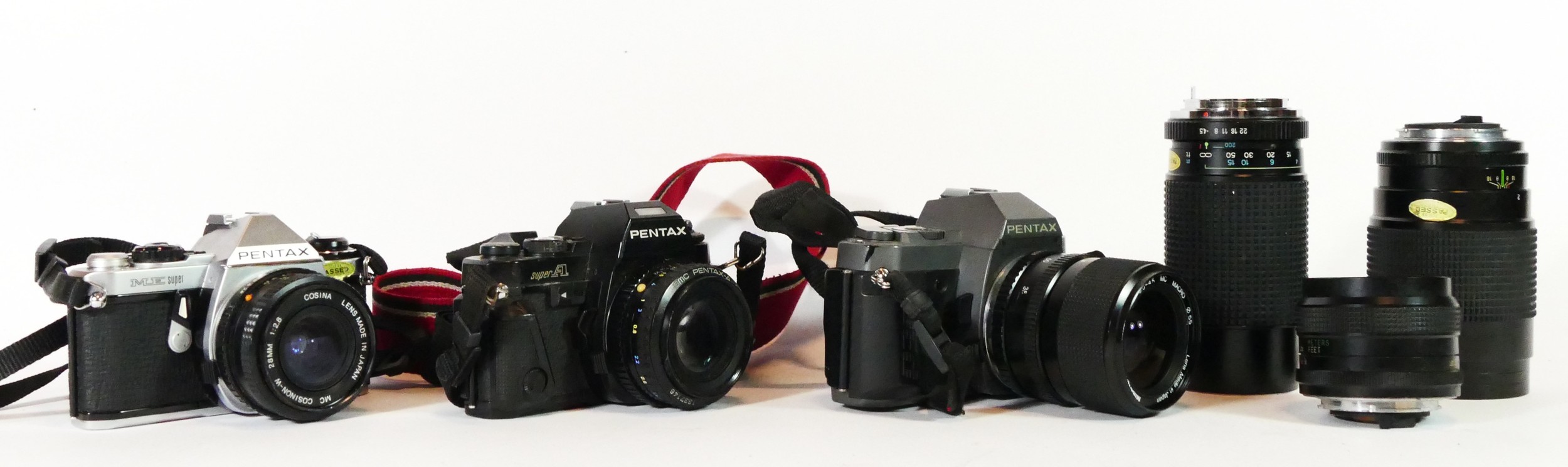 Three Pentax cameras, to include a P306, a Super A and a ME Super, with lens, together with three - Image 2 of 2