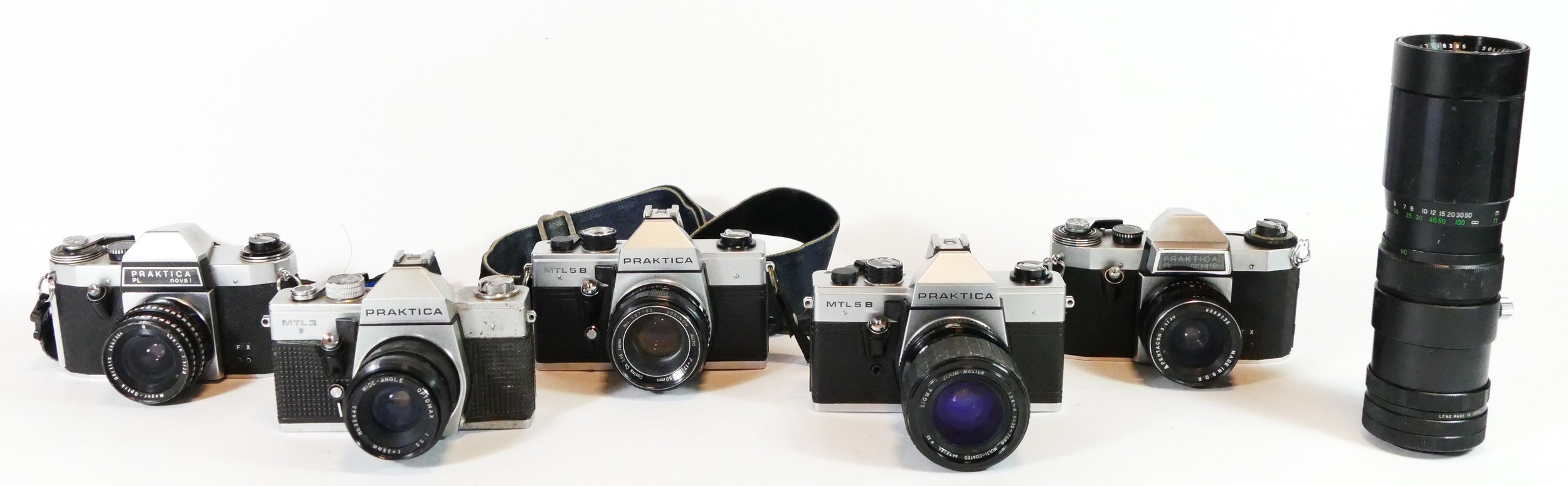 Five Praktica film cameras, to include a MTL 5B (x2), a MTL 3, a PL Nova 1 and a PL Nova 1b, with