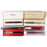 Parker 65, a grey body and stainless steel cover fountain pen with 14ct gold nib, case, a Parker