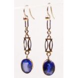A pair of 9ct gold earrings, set with a synthetic sapphire and a doublet, 1.9gm